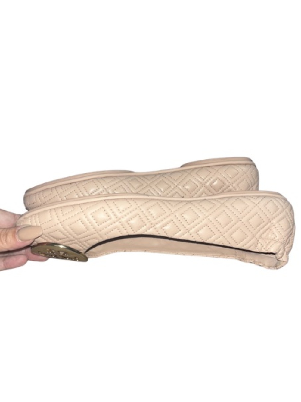 Tory Burch Minnie Quilted Ballet Travel Flats Goan Sand Pink Nude Gold Size 10M - Picture 8 of 11